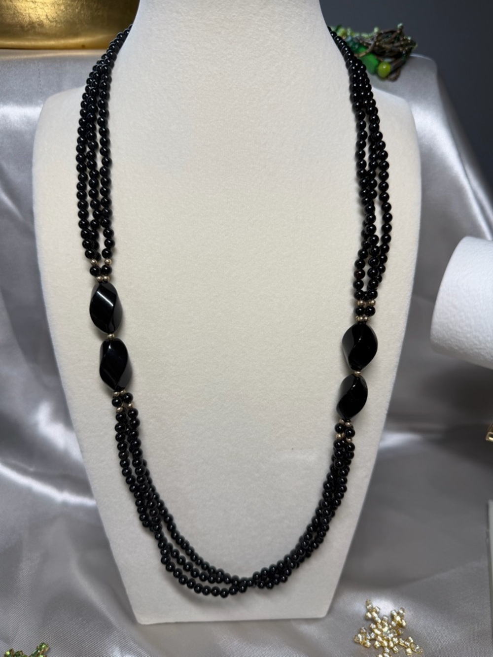 Vintage 14k Gold Filled Triple Strand Black Onyx Bead Necklace - 14/20 Marked